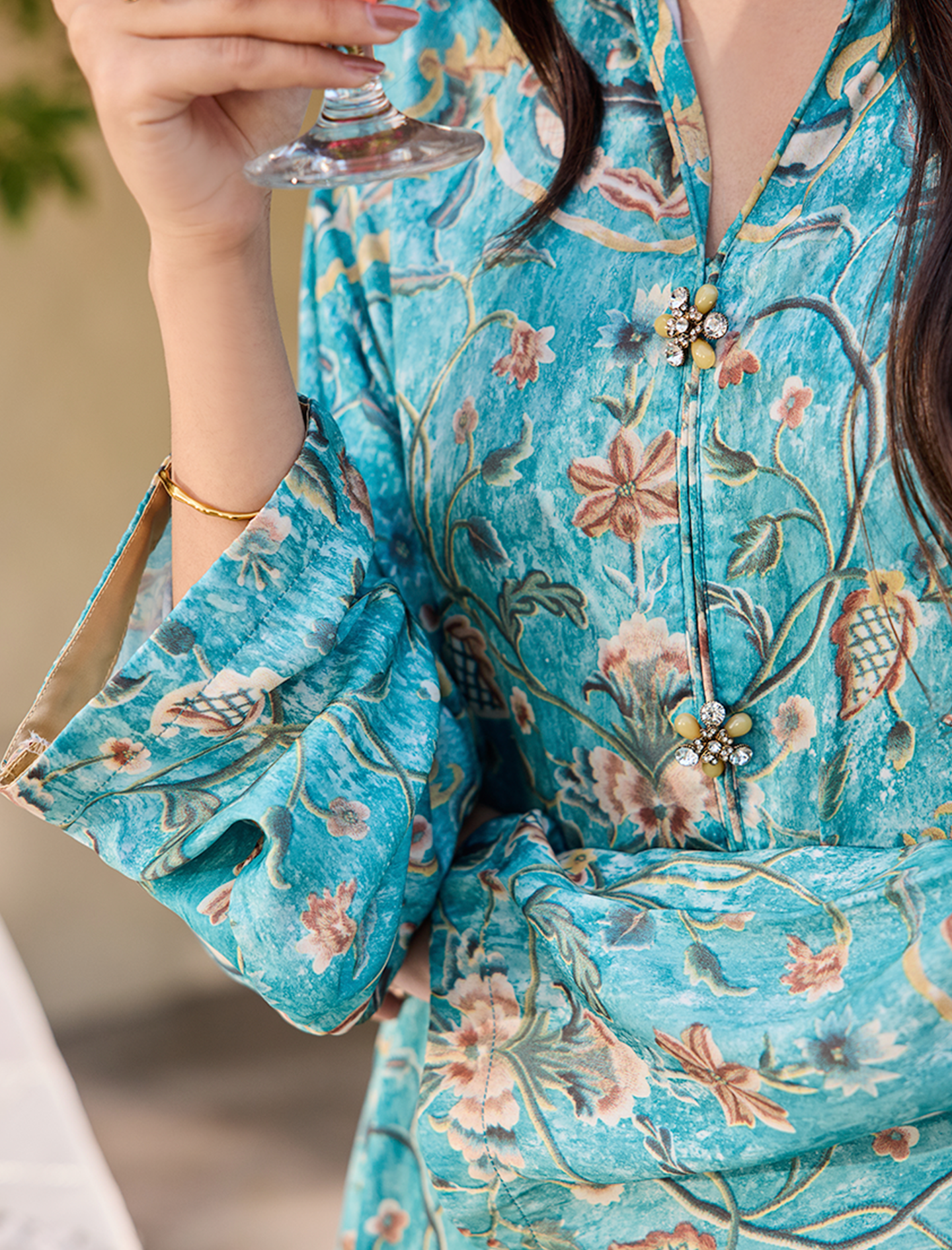 Teal Floral Long Shirt-BLUE