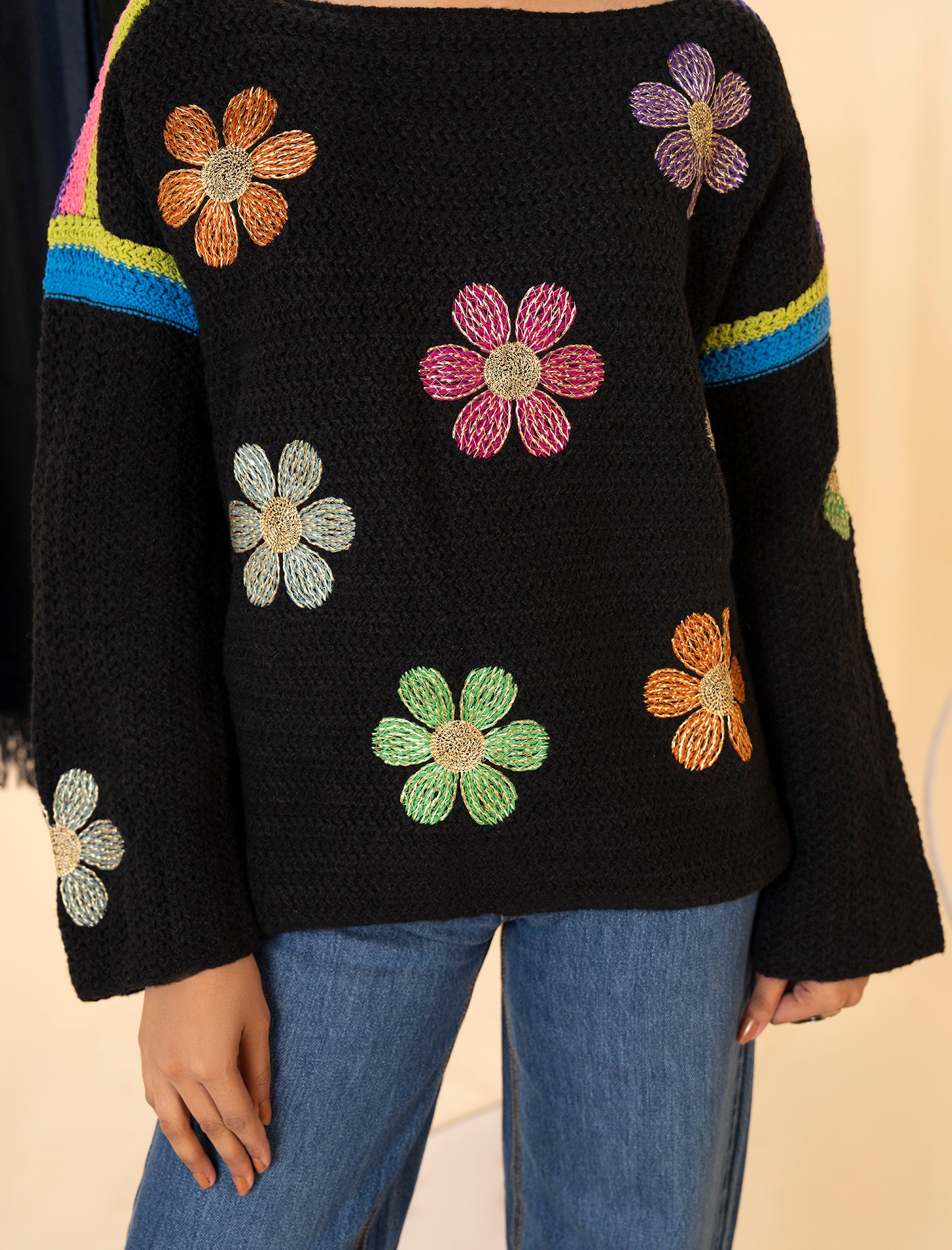 Black Flower Motif Sweater