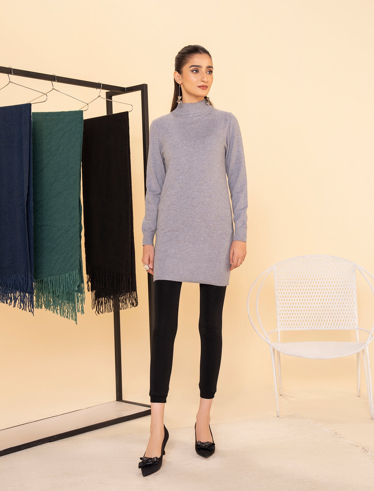 Grey Mock Neck Midi Sweater
