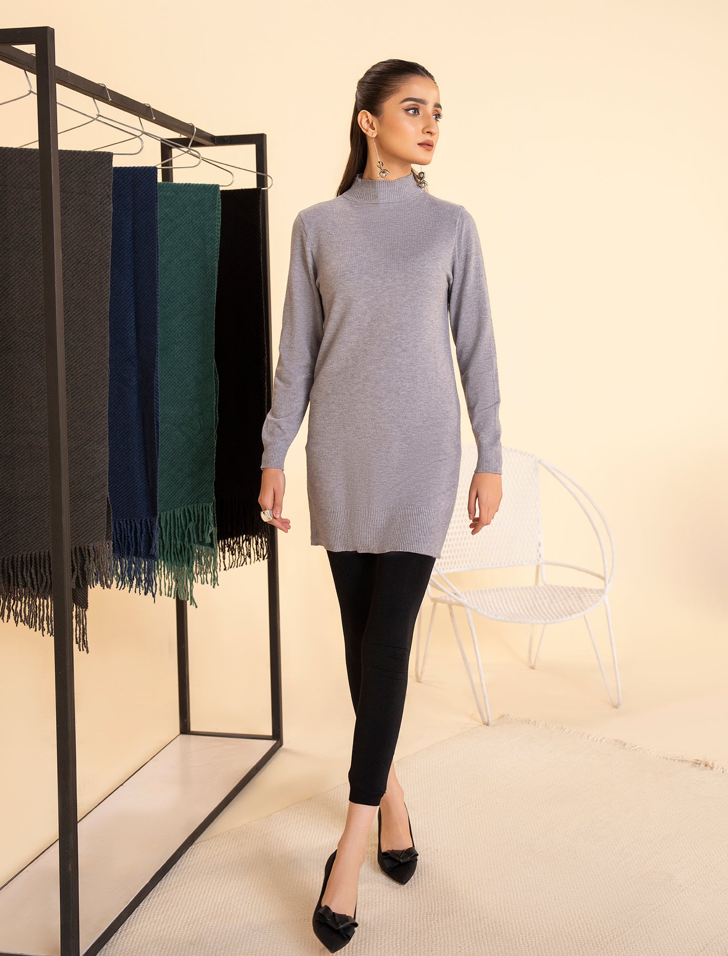 Grey Mock Neck Midi Sweater