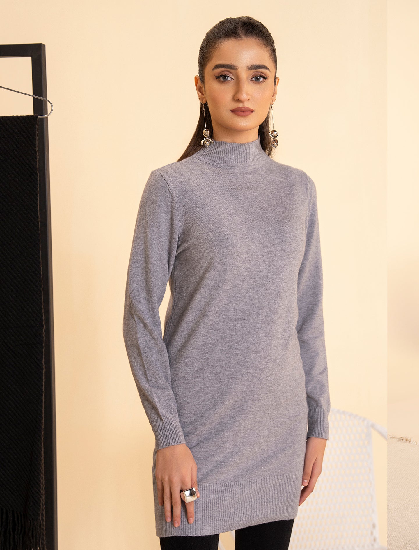 Grey Mock Neck Midi Sweater