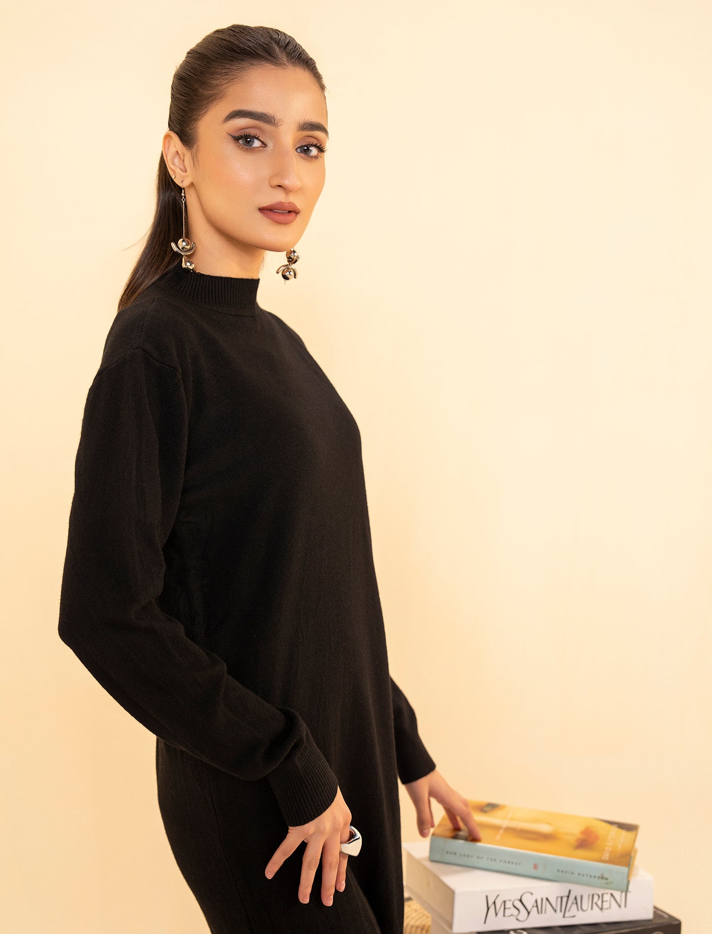 Black Mock Neck Midi Sweater
