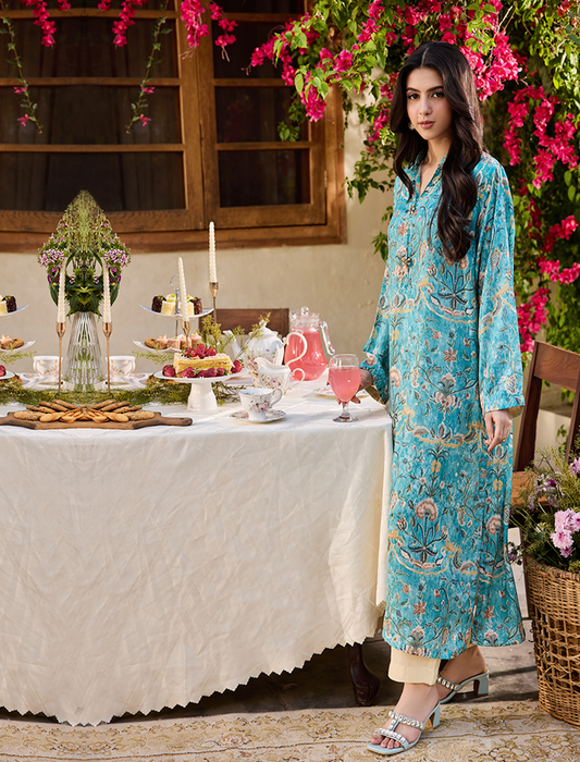 Teal Floral Long Shirt-BLUE