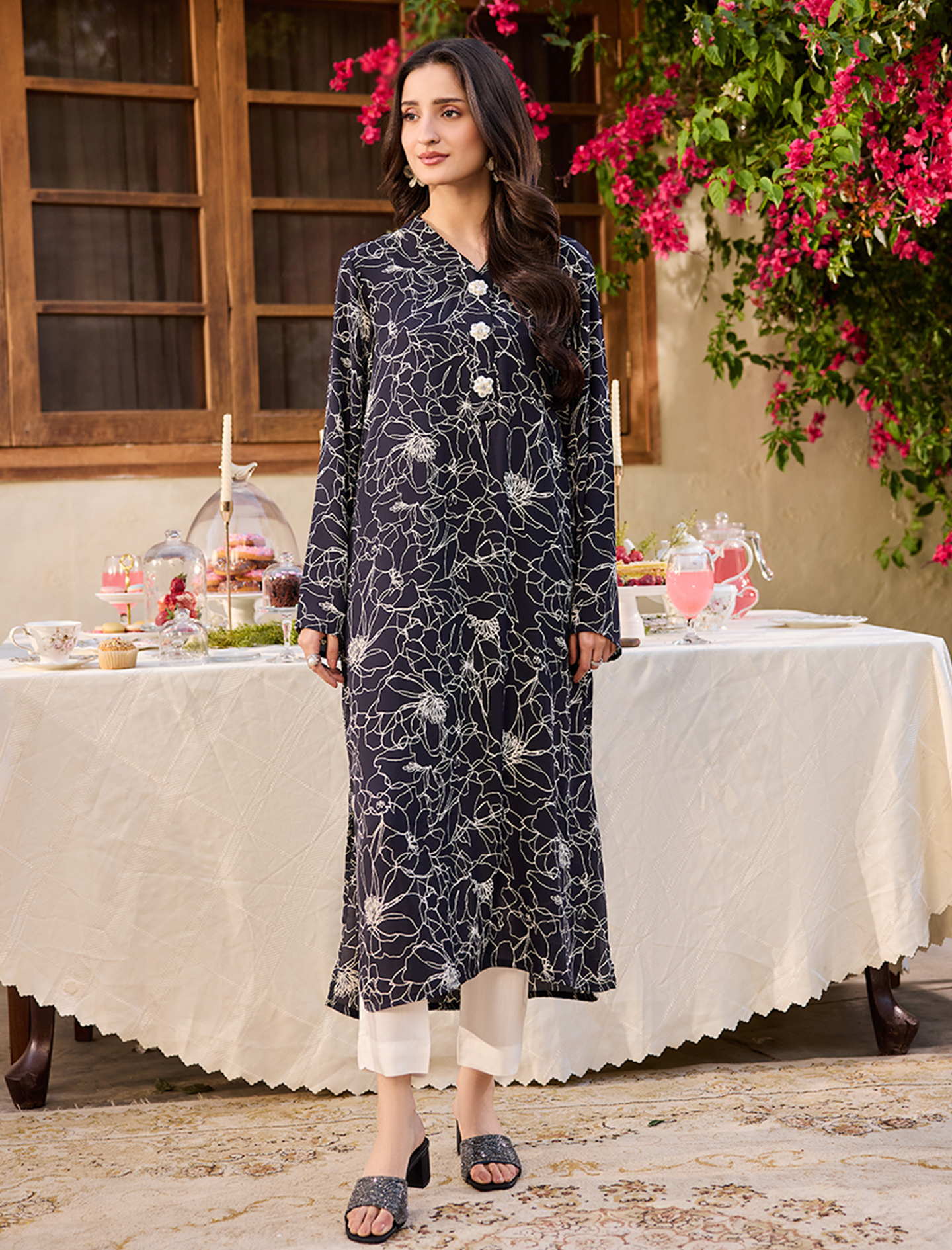 Printed Georgette Long Shirt-NAVY
