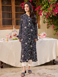 Printed Georgette Long Shirt-NAVY