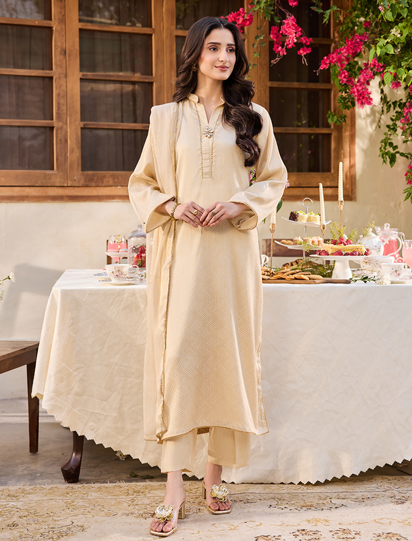 Jacquard Kurta-Embellished-BEIGE