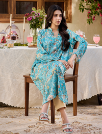 Teal Floral Long Shirt-BLUE