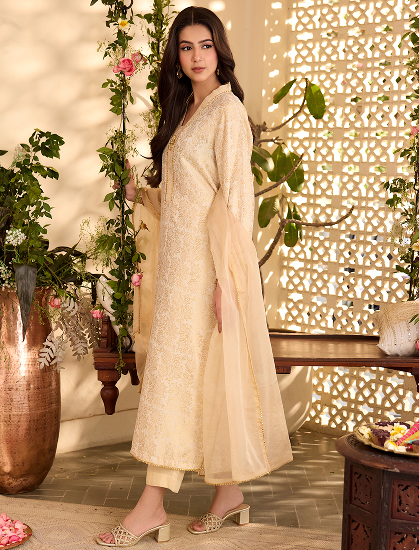 Jacquard Kurta-Embellished-BEIGE