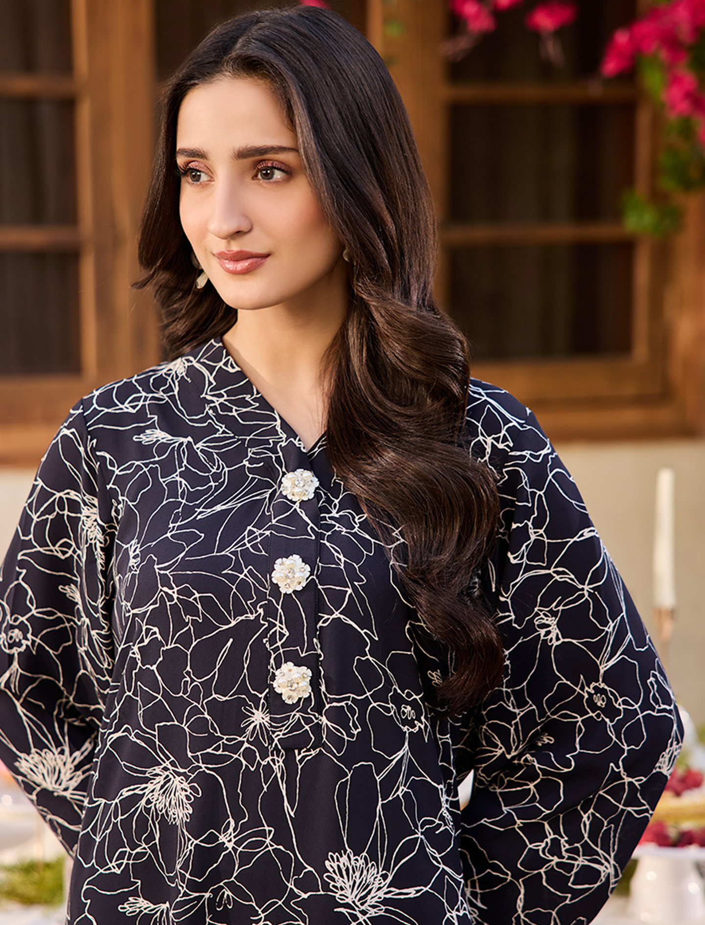 Printed Georgette Long Shirt-NAVY