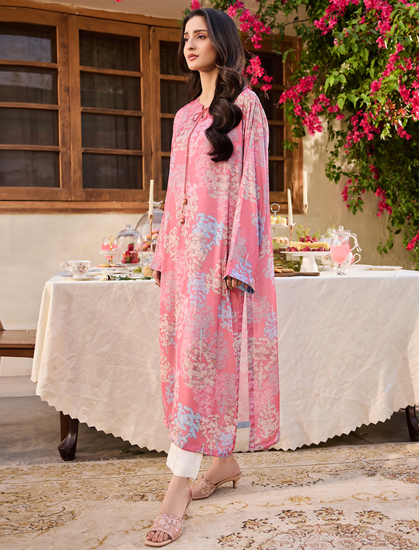 Printed Silk Long Shirt-PINK