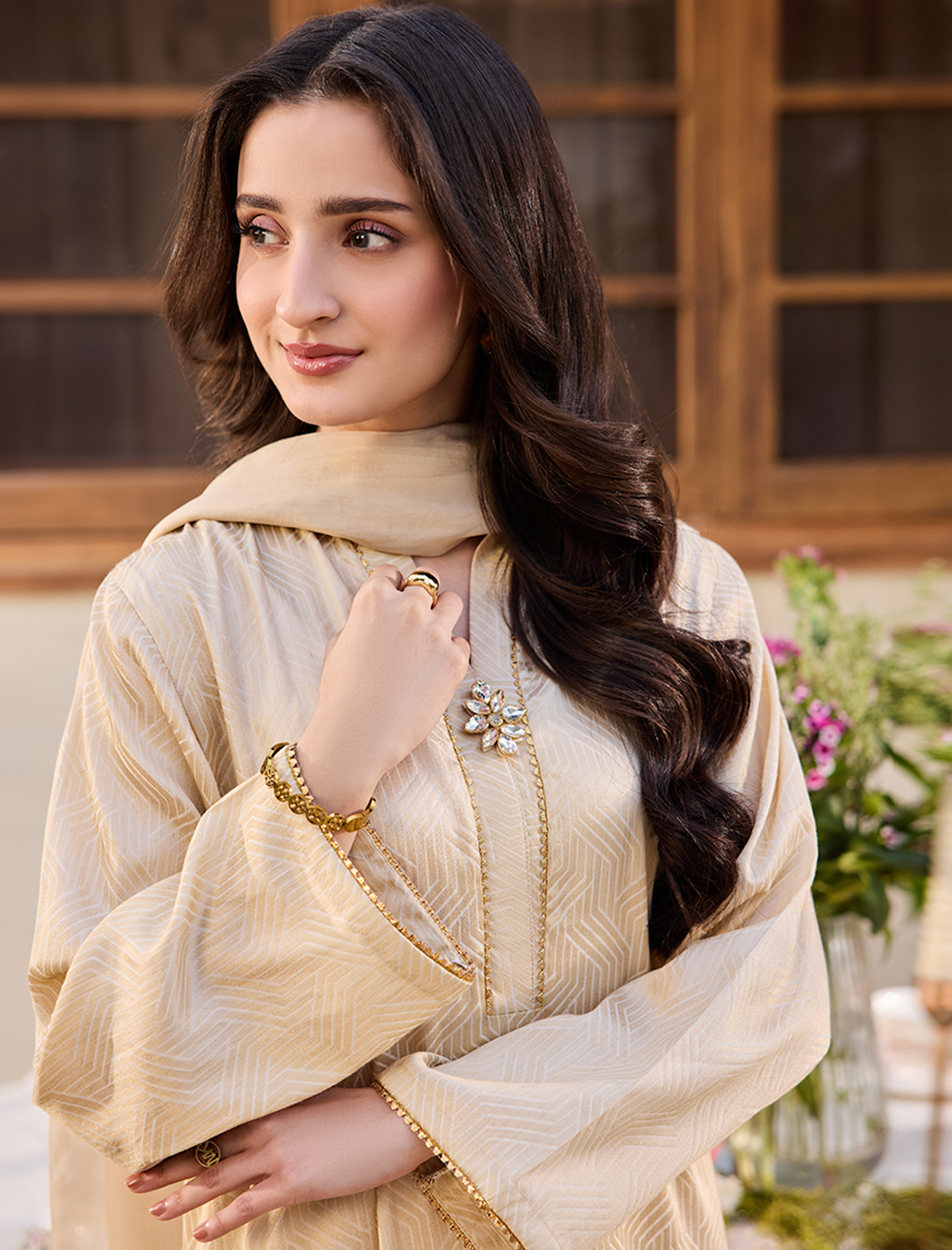 Jacquard Kurta-Embellished-BEIGE