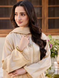 Jacquard Kurta-Embellished-BEIGE