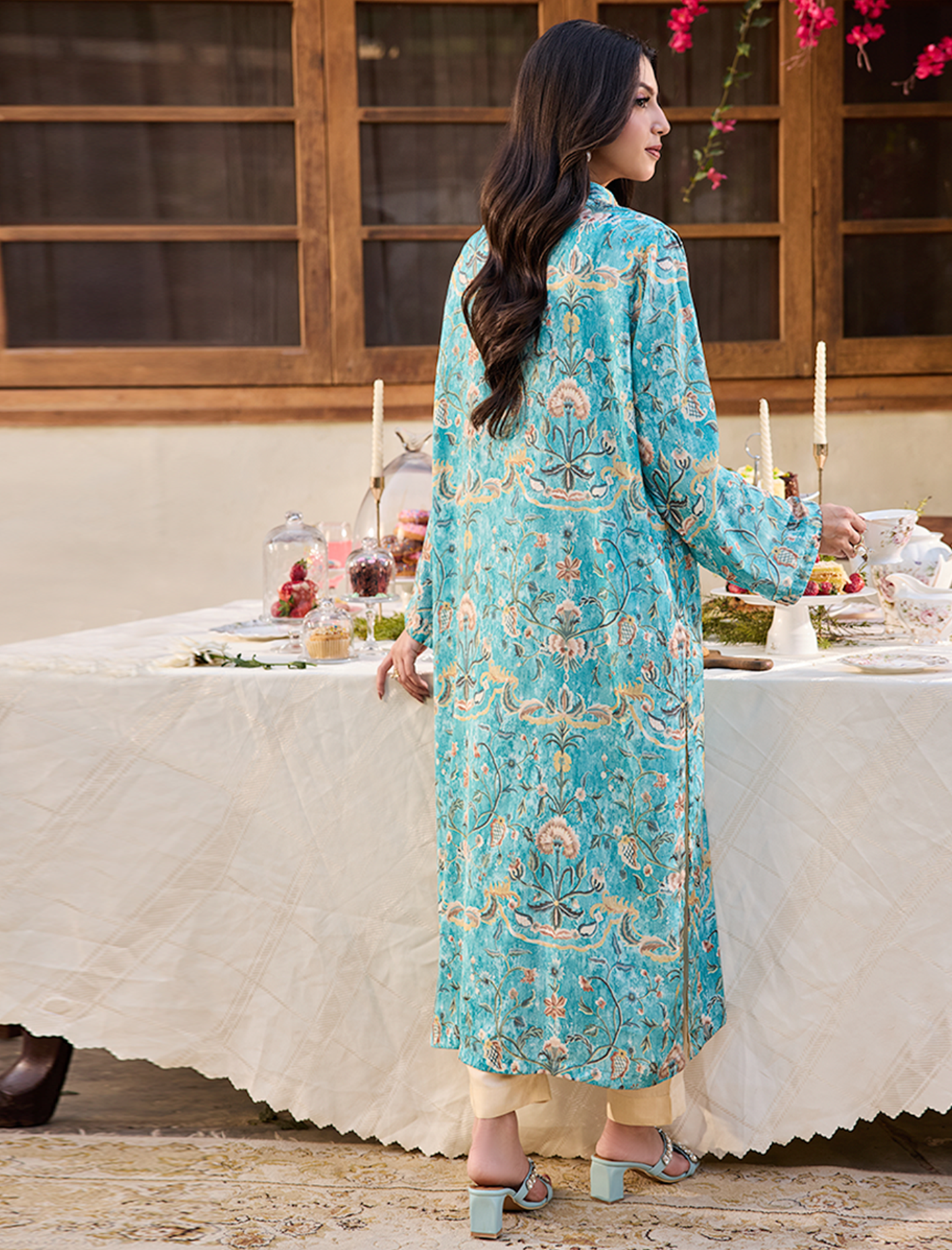 Teal Floral Long Shirt-BLUE