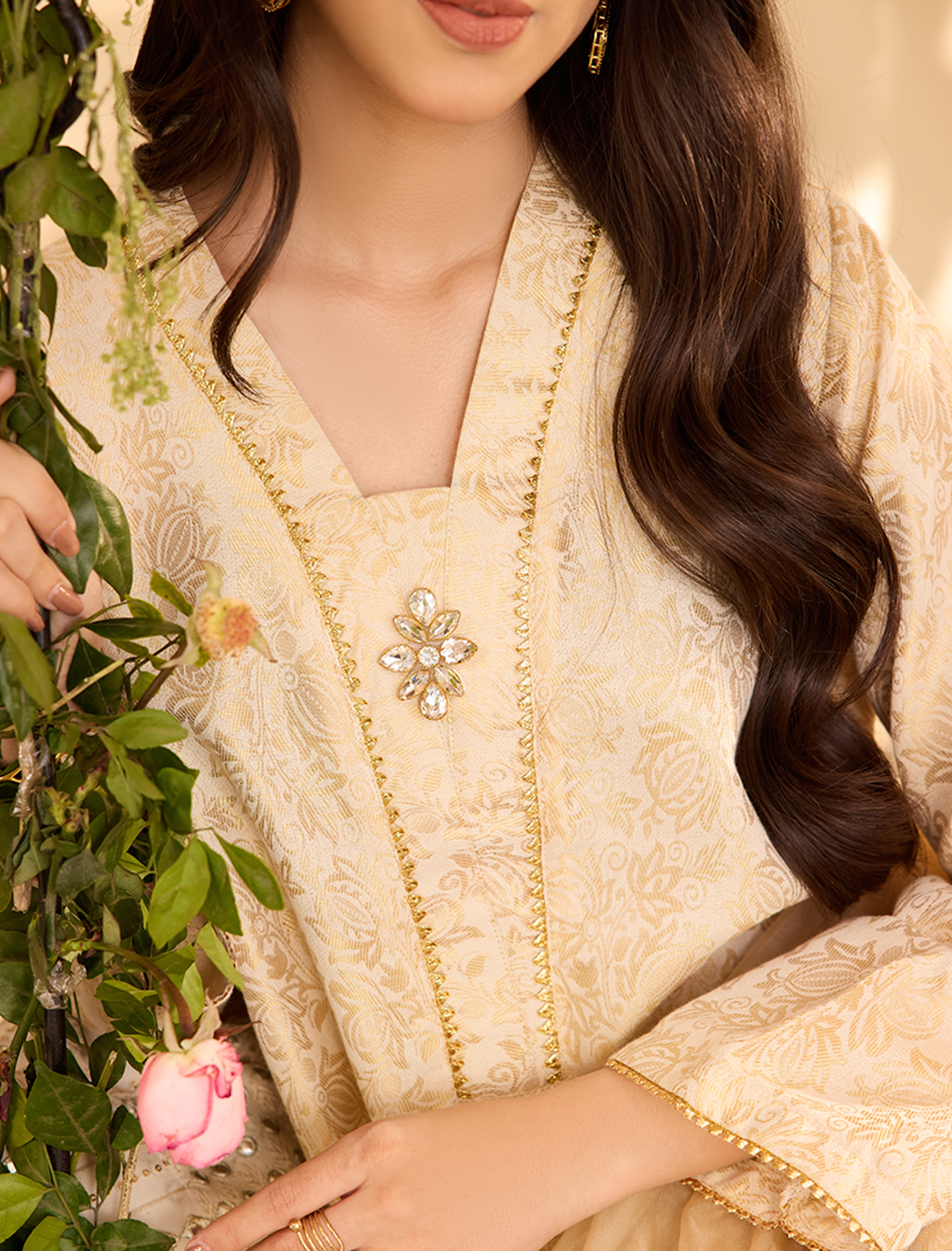 Jacquard Kurta-Embellished-BEIGE