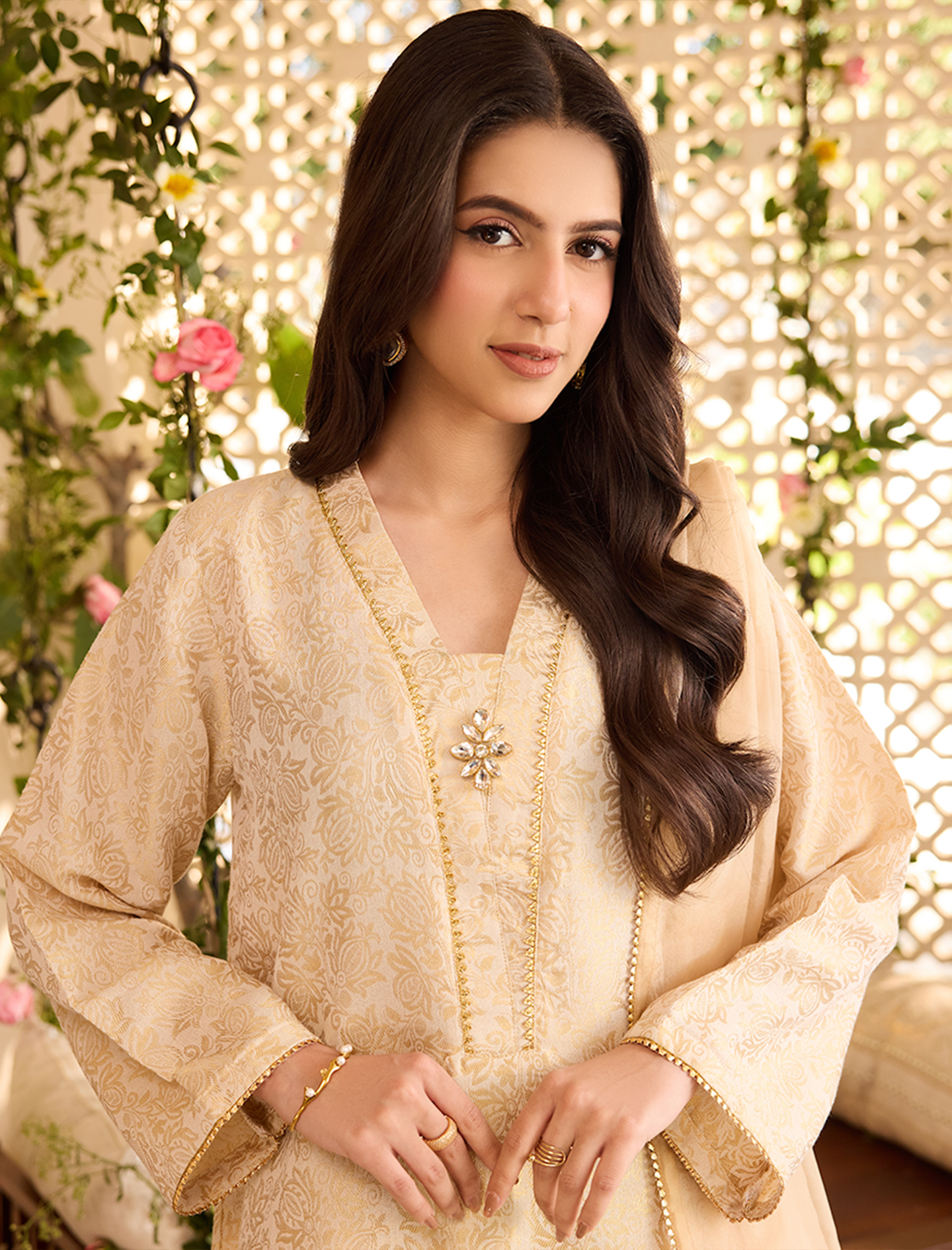 Jacquard Kurta-Embellished-BEIGE