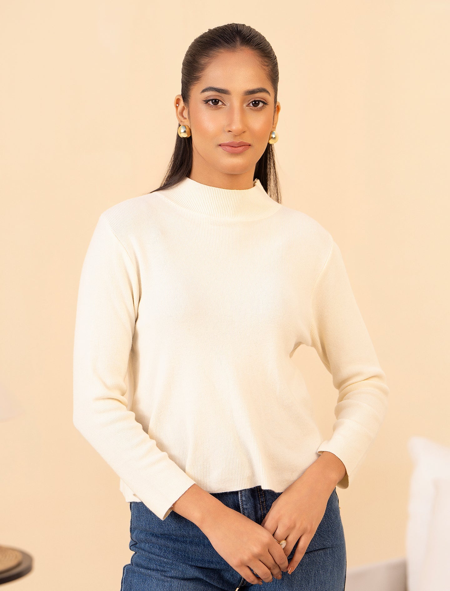 Beige Mock Neck Sweater